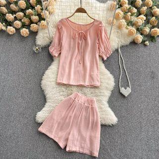 Set Of 2 : Round-neck Bow Ruched Short-sleeve Top + High-waist Wide-leg Shorts
