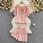 Set Of 2 : Round-neck Bow Ruched Short-sleeve Top + High-waist Wide-leg Shorts