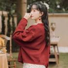V-neck Cardigan Wine Red - One Size