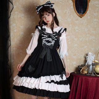 Ruffled Dotted Bow Midi Overall Dress