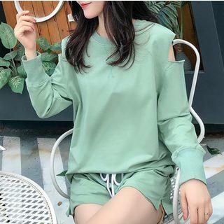 Set: Cold Shoulder Pullover + Drawstring Shorts