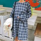 Raglan-sleeve Tie-cuff Plaid Dress