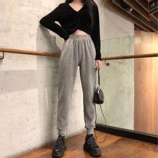 Long-sleeve Front Knot Velvet Cropped T-shirt / Harem Pants