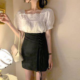 Short-sleeve Eyelet Lace Blouse / Lace-up Mini Skirt
