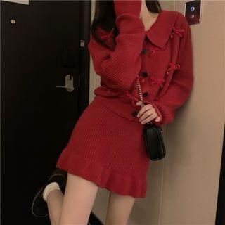 Collared Bow Cardigan / Mini A-line Skirt