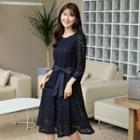 3/4-sleeve Midi Lace Dress With Sash