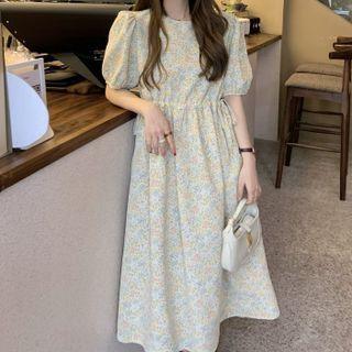 Puff-sleeve Floral Midi A-line Dress Floral - Light Yellow - One Size