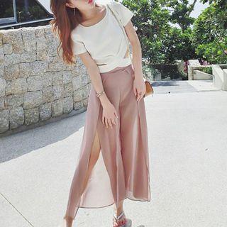 Set: Short-sleeve T-shirt + Slit Wide Leg Pants