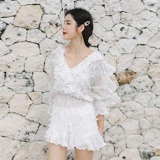 Set: Ruffle Trim Bikini + Long-sleeve Cover-up