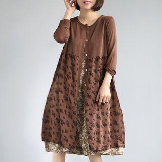 Floral Panel Long-sleeve Knit Dress
