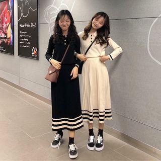 Set: Collared Long-sleeve Knit Top + Pleated Midi Skirt