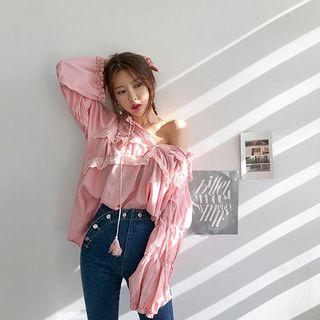 Tassel-neck Lace-trim Peasant Blouse