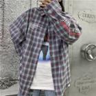Lettering Sleeve Plaid Button-down Shirt