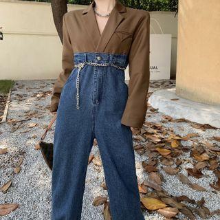 Long-sleeve Paneled Denim Jumpsuit / Chain Belt