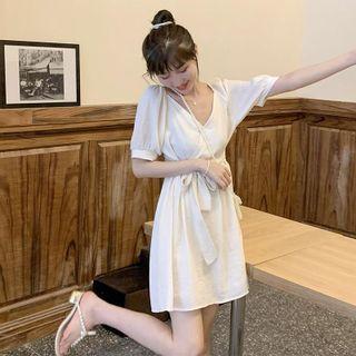 V-neck Plain Drawstring A-line Mini Dress