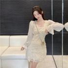 Long-sleeve Ruffle Mini A-line Chiffon Dress White - One Size