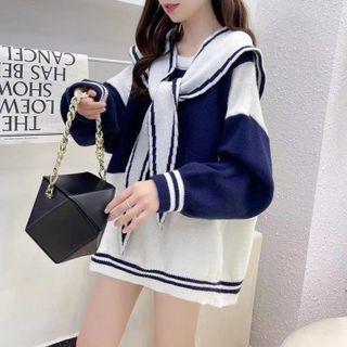 Color Block Tie-neck Sweater
