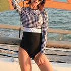 Plaid Panel Long-sleeve Swimsuit