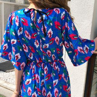 Floral Print A-line Dress Blue - One Size