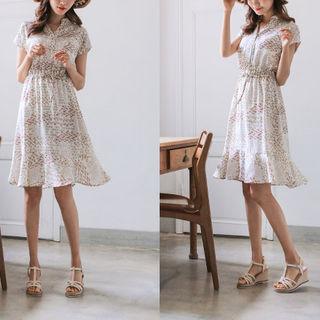 Drawstring-waist Floral Chiffon Shirtdress
