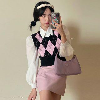 Puff-sleeve Shirt / Argyle Print Knit Sweater Vest / A-line Skirt