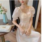 Puff-sleeve Plain Glitter Drawstring Dress