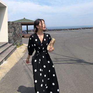 Long-sleeve Dotted Maxi Wrap Dress