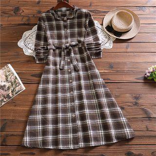 Long Sleeve Gingham Shirtdress With Sash