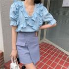 Short-sleeve Ruffle Trim Cropped Blouse / Mini Wrap Skirt
