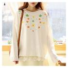 Drop-shoulder Floral-embroidered Knit Top