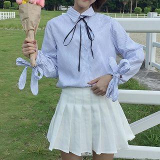 Tie-cuff Striped Shirt Light Blue - One Size