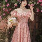 Off-shoulder Strawberry Embroidered Midi A-line Chiffon Dress