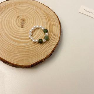 Bead Faux Pearl Elastic Ring 1 Pc - Green & White - One Size
