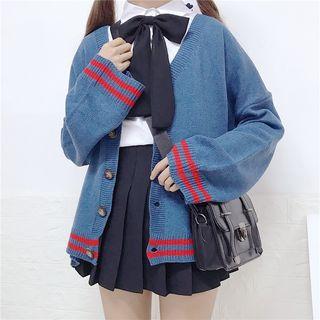 Contrast-trim V-neck Cardigan / Bow-accent Shirt