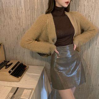 Long-sleeve Plain Cardigan / Mock Neck Long-sleeve Plain Top / High-waist Faux Feather Skirt