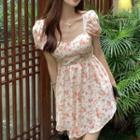 Short-sleeve Flower Print Mini A-line Dress Pink Flowers - White - One Size