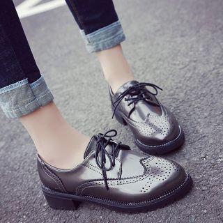 Brogue Faux Patent Leather Chunky Heel Oxfords