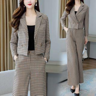 Set: Double Breasted Plaid Blazer + Wide-leg Dress Pants