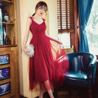 Spaghetti-strap Mesh Midi Cocktail Dress