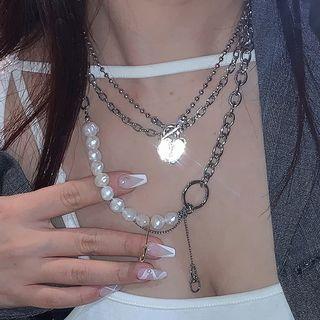 Lock Pendant Alloy Necklace / Freshwater Pearl Alloy Necklace / Set