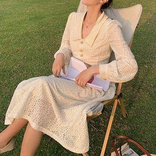 Long-sleeve Collared Button-up Lace Midi A-line Dress