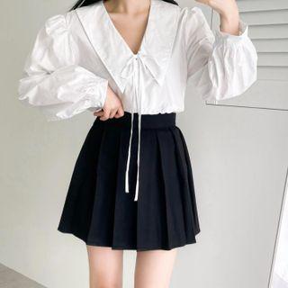 Long Sleeve Lace-up Plain Shirt