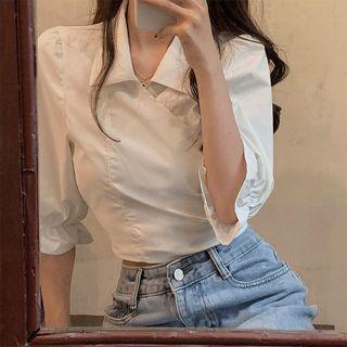 Elbow-sleeve Tie-back Cropped Blouse