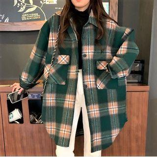 Plaid Wool Shirt Jacket Plaid - Green - One Size