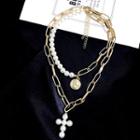 Faux Pearl Cross Alloy Coin Pendant Layered Choker Necklace Gold - One Size