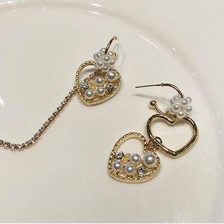 Asymmetrical Faux Pearl Drop Earring 1 Pair - 925 Silver Stud - Non Matching - Gold - One Size
