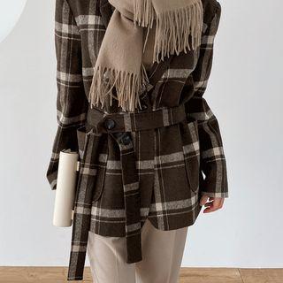 Wool Blend Plaid Jacket With Sash Brown - One Size
