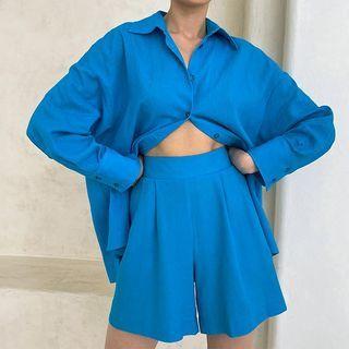Set: Plain Shirt + Halter Bralette + Wide Leg Shorts