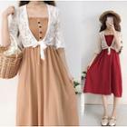 Elbow-sleeve Lace Jacket / Spaghetti-strap A-line Dress