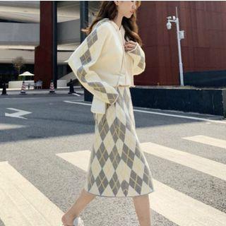 Set: Argyle Knit Hoodie + Midi Knit Skirt